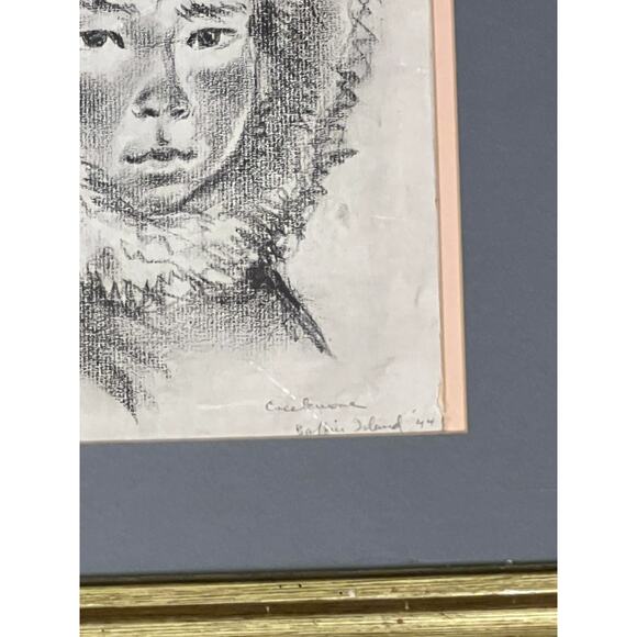 Native Inuit Child Charcoal Sketch Print 1940's Framed 16 x 14 Art Children - Picture 3 of 7